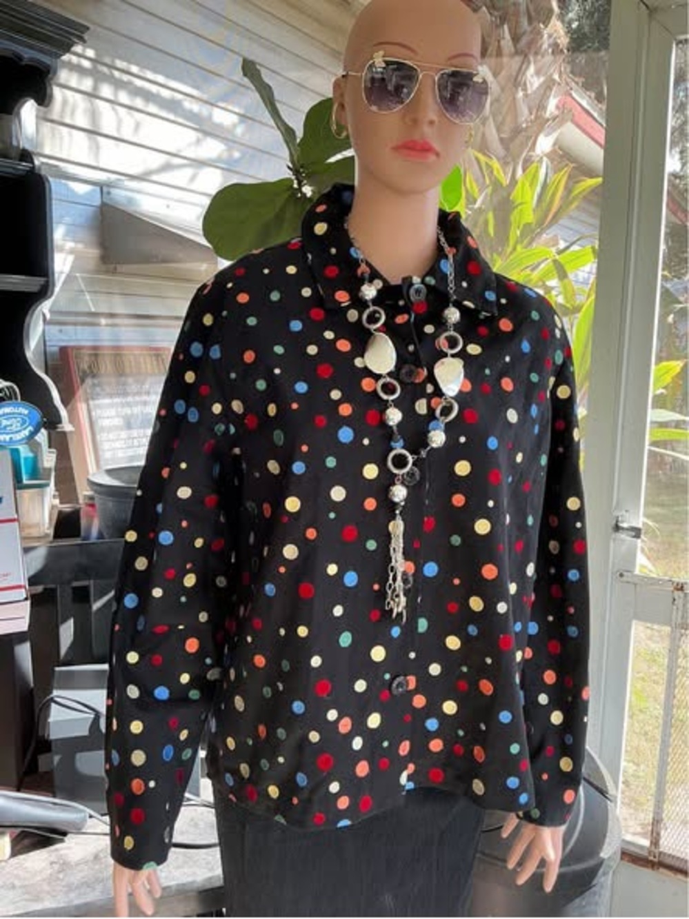 Lifestyle Women’s Long sleeve Black Polka Dot Size M Button Down 100% Cotton